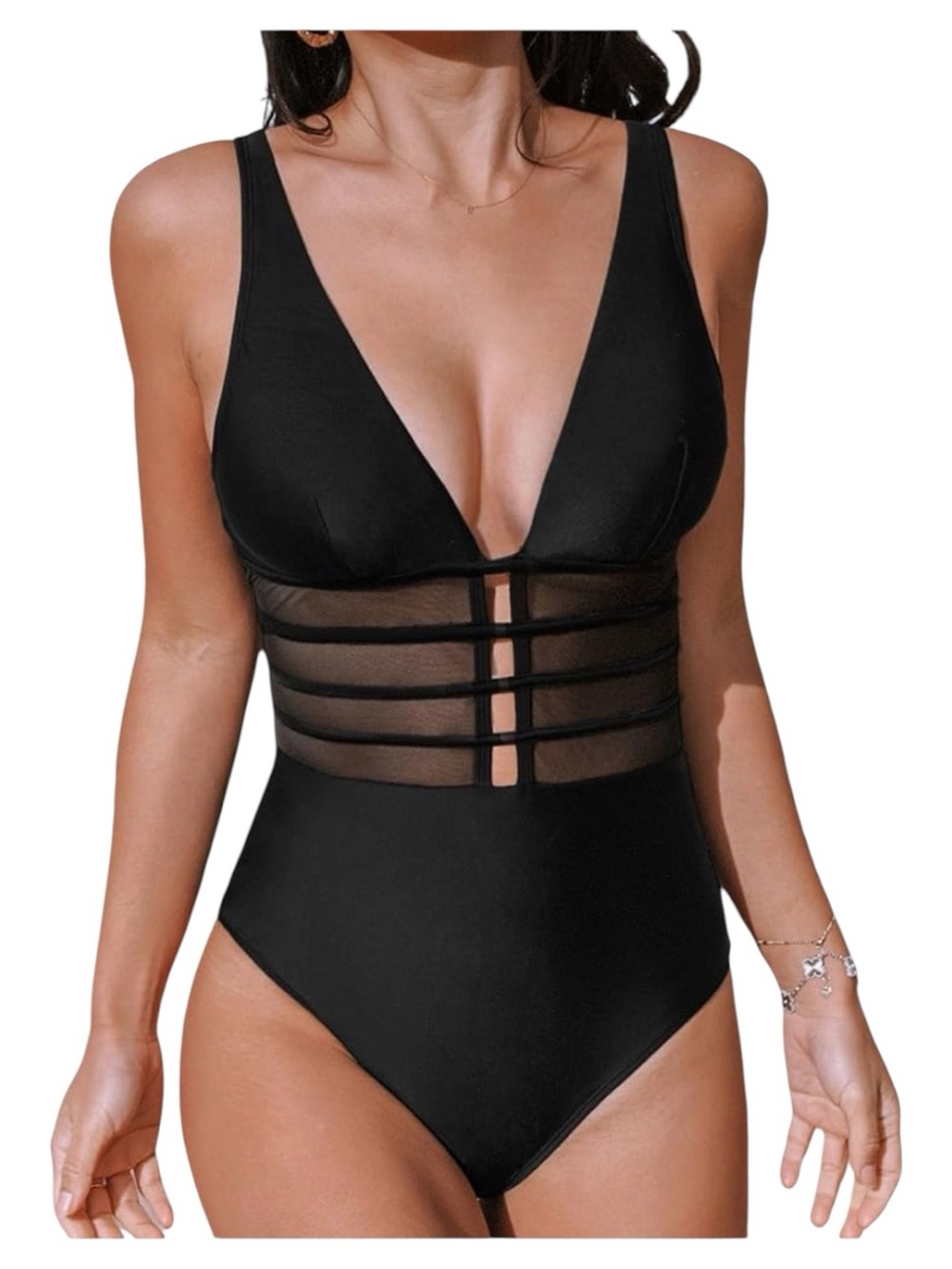CUPSHE Black Deep V Neck Cut Out Mesh One Pc. Tummy Control Swimsuit Sz L NWT